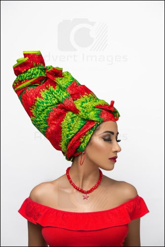 African Fair Woman Side Face Wearing A Culture Head Wrap Beauty Shoot With Make Up Red Lipstick