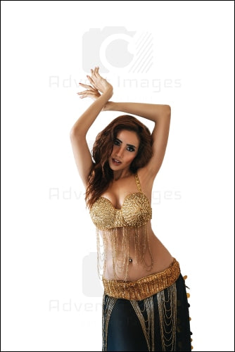 Belly Dancer Posing In Gold Black Costume White Background