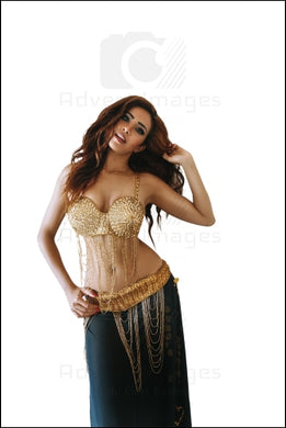 Brunette Belly Dancer Posing In Gold Black Costume White Background Fashion