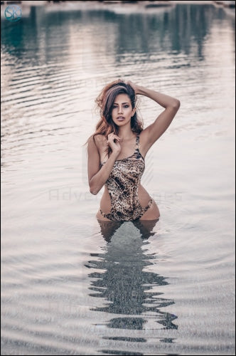 Brunette Curvy Egyptian Model In Tiger Swimwear Posing In A Pond Glamour - & Lingerie Images