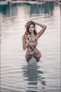 Brunette Curvy Egyptian Model In Tiger Swimwear Posing In A Pond Glamour - & Lingerie Images