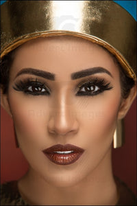 Egyptian Queen Nefertiti Costume Female Model Beauty Shot Smokey Eyes Make Up With Ancient Crown