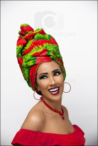 Happy Laughing African Fair Woman Wearing A Culture Head Wrap Beauty Shoot With Make Up Red Lipstick