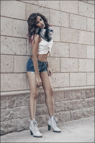 Sexy Brunette Model Long Shot Posing On Wall Street Fashion Style With Jeans Shorts & White Shirt